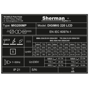 Sherman DIGIMIG 220 LCD + przyłbica V7a gratis